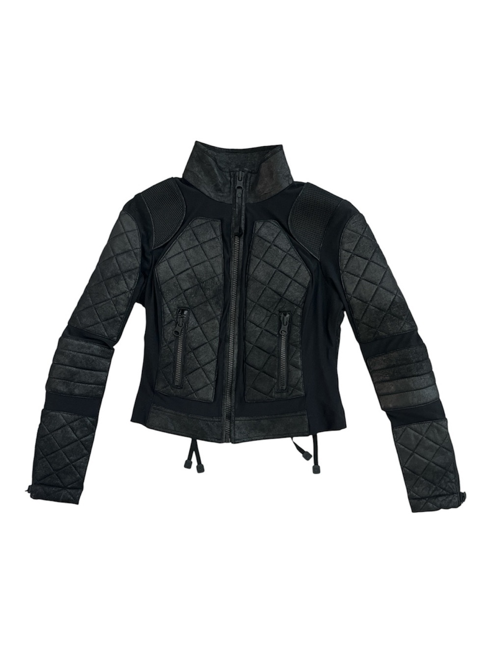 BLANC NOIR CLASSIC BLACK QUILTED GENUINE LEATHER MESH MOTO JACKET - Picture 2 of 12